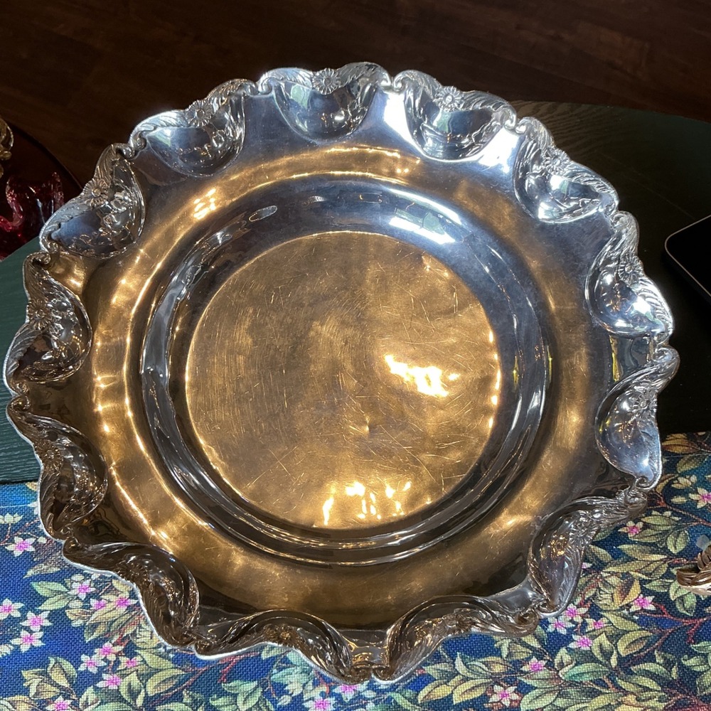 Vintage 15" Silver Metallic Footed Bowl Scalloped Floral Rim Ornate Centerpiece